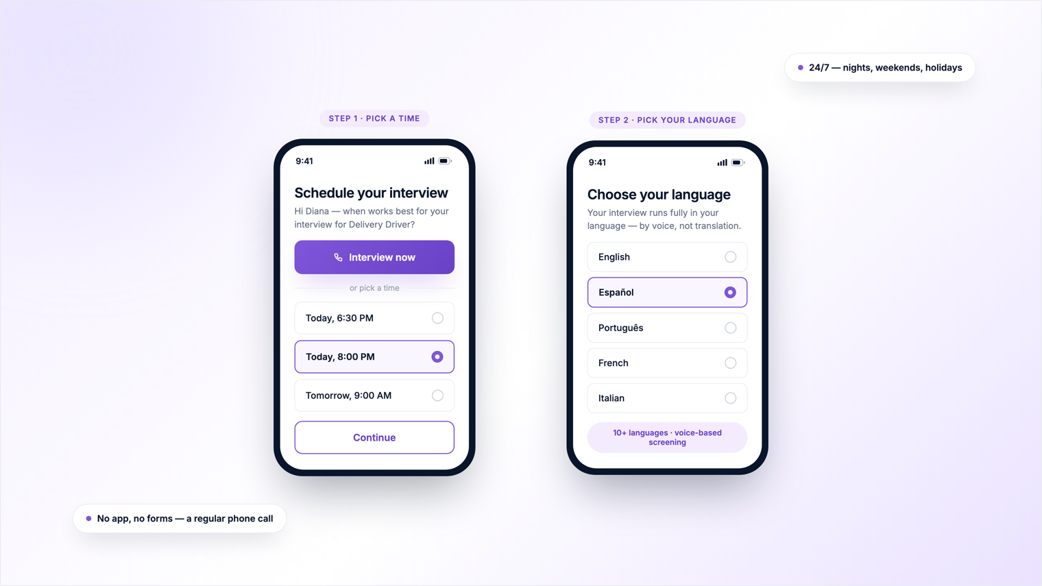 A candidate schedules their AI Recruiter phone interview on their phone and chooses to interview in Spanish