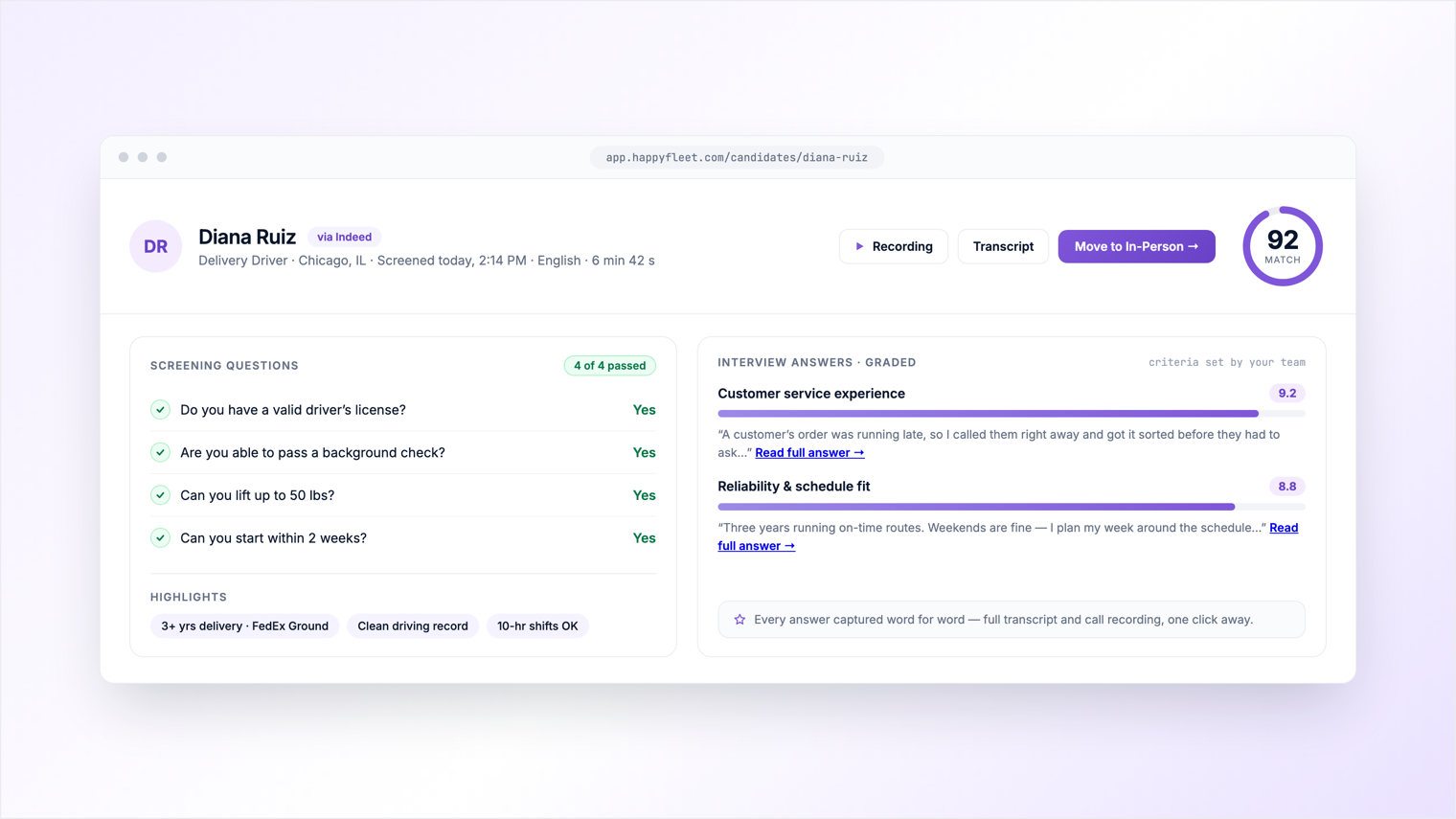 HappyFleet dashboard showing a delivery driver candidate scored 92 by the AI Recruiter, with passed screening questions, graded interview answers, and transcript and recording links